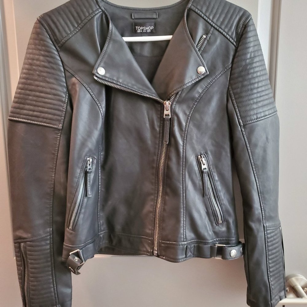 Topshop Quilted Faux Leather Biker Jacket - Size 8